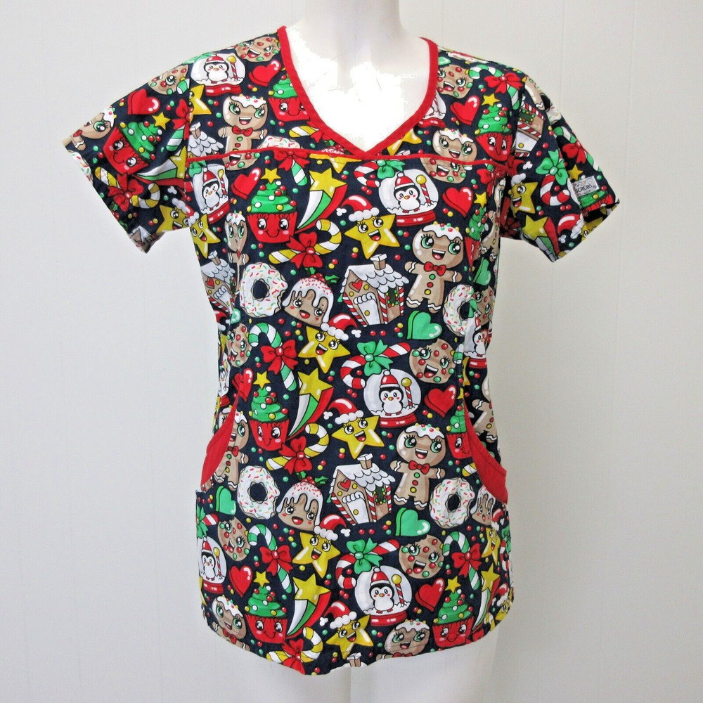 UA Scrubs Christmas Scrub Top Size XS/Small Penguin Santa Medical Nurses Holiday